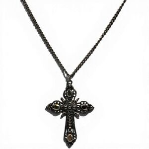Gunmetal Hematite Rhinestone Ornate Cross Pendant Necklace Gothic Victorian